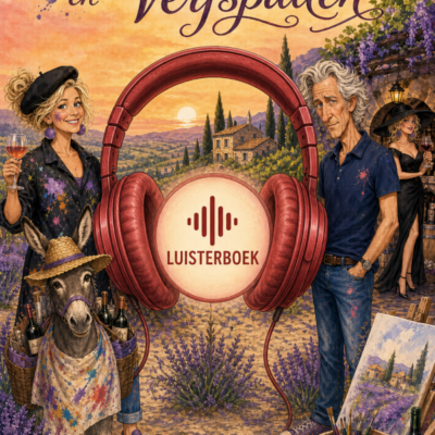 luisterboek cover lavendel wijn en verfspatten