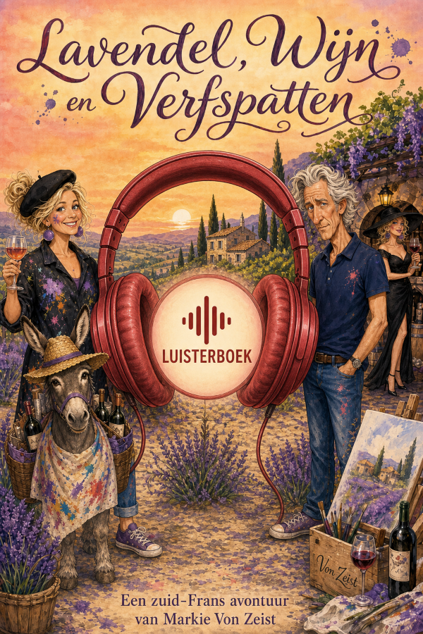 luisterboek cover lavendel wijn en verfspatten